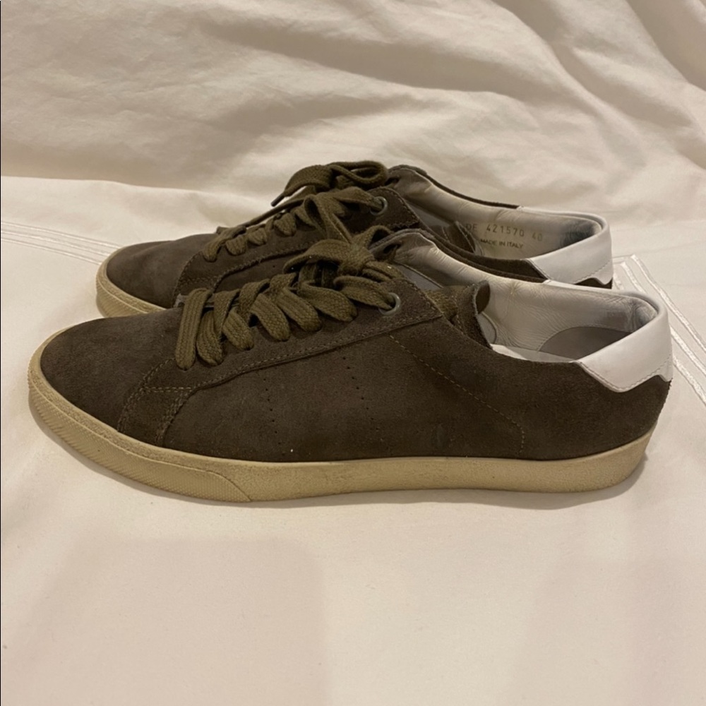Men’s Saint Laurent olive color suede low top sneaker - size 40 euro, 7 US